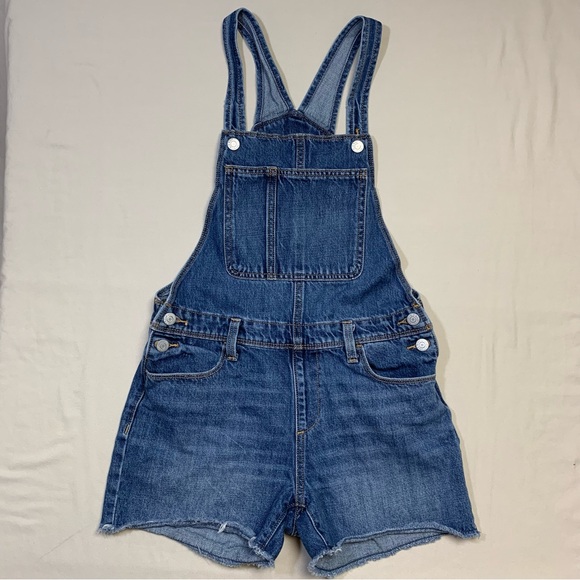 Shortalls Girl’s XL 14-16 Blue Denim Jean Overall Shorts Cut Off Raw Hem Summer - Picture 1 of 9